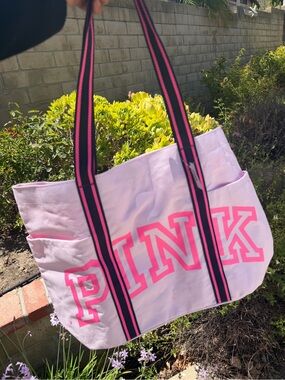 PINK Victoria's Secret Pink Canvas Tote with Navy and Hot Pink Straps